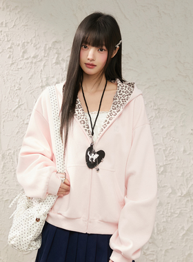 King Prince撞色豹纹拼接卫衣开衫连帽宽松百搭休闲拉链上衣外套