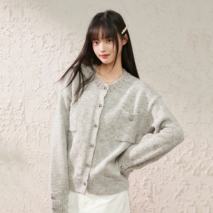King Prince春季新款灰色彩点镶钻毛衣外套女miu系针织开衫上衣