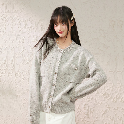 King Prince春季新款灰色彩点镶钻毛衣外套女miu系针织开衫上衣