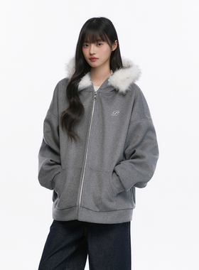 King Prince连帽毛领呢子卫衣外套女秋冬拉链开衫高级感外套上衣