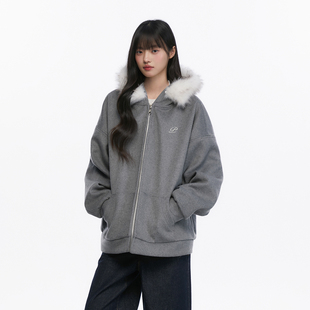 King Prince连帽毛领呢子卫衣外套女秋冬拉链开衫高级感外套上衣