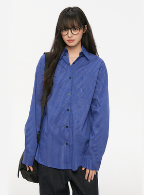 King Prince蓝色格子条纹衬衫美式百搭流行通勤时尚松弛外套上衣