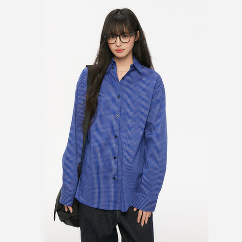 King Prince蓝色格子条纹衬衫美式百搭流行通勤时尚松弛外套上衣