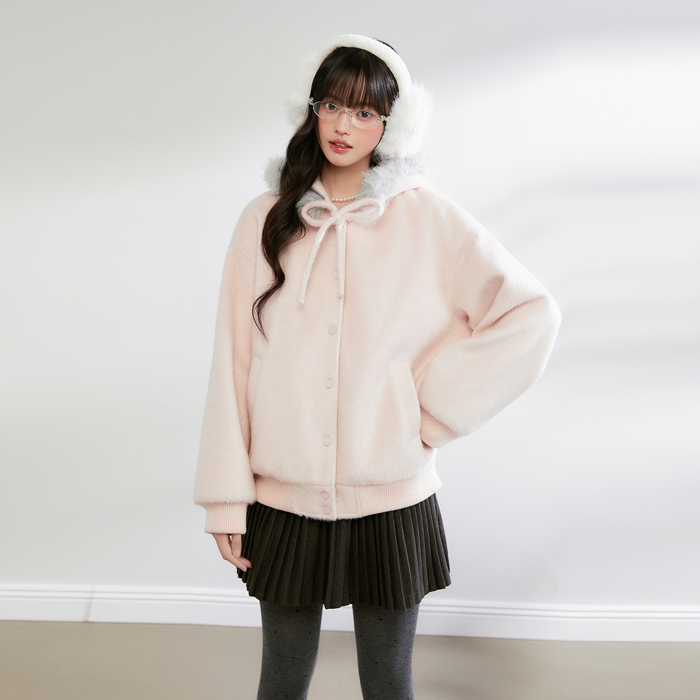 King Prince粉色蝴蝶结连帽毛领外套女冬季加厚保暖毛呢卫衣开衫