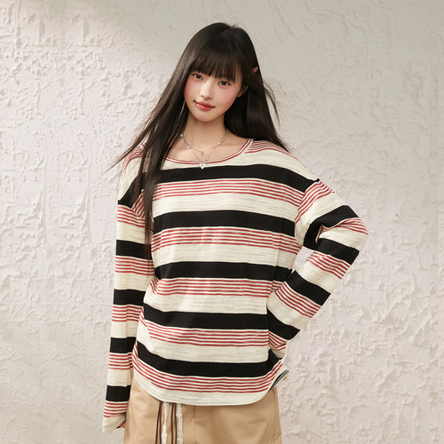 King Prince韩系慵懒风条纹圆领防晒长袖T恤女宽松显瘦罩衫上衣