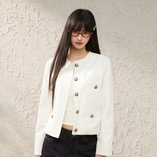 明线白色牛仔外套圆领休闲夹克上衣短外套 新款 King Prince春季