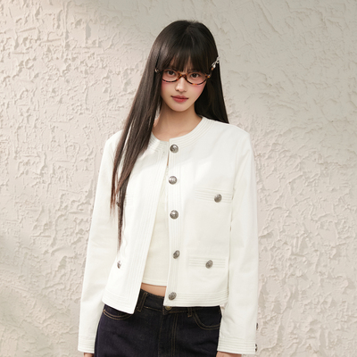 King Prince春季新款明线白色牛仔外套圆领休闲夹克上衣短外套