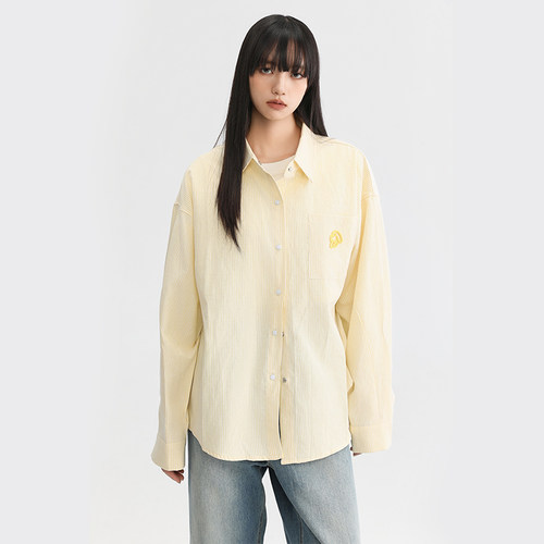 King Prince牙刷绣条纹衬衫复古休闲宽松百搭潮流男女长袖上衣