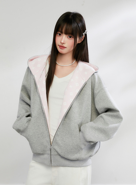 King Prince春季新款宽松连帽卫衣女几何印花撞色拉链外套上衣