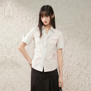 修身 女短袖 掐腰撞色翻领上衣夏 Prince韩系学院风收腰衬衫 King