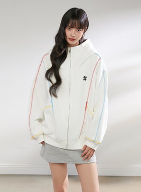 King Prince撞色哈苏线卫衣开衫连帽上衣男女秋冬加厚情侣装外套