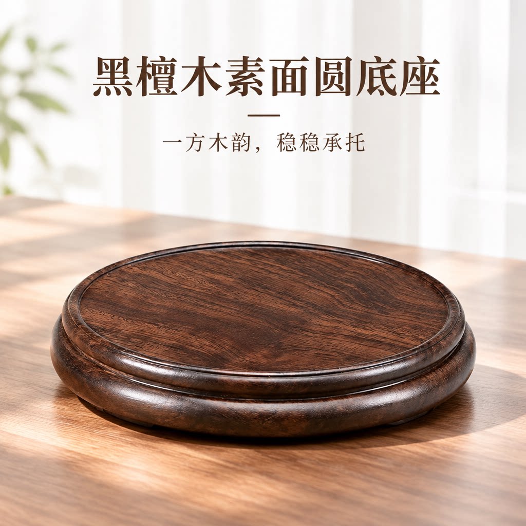 黑檀圆形底座花瓶盆景摆件玉器石头文玩紫砂茶壶建盏香炉实木托架