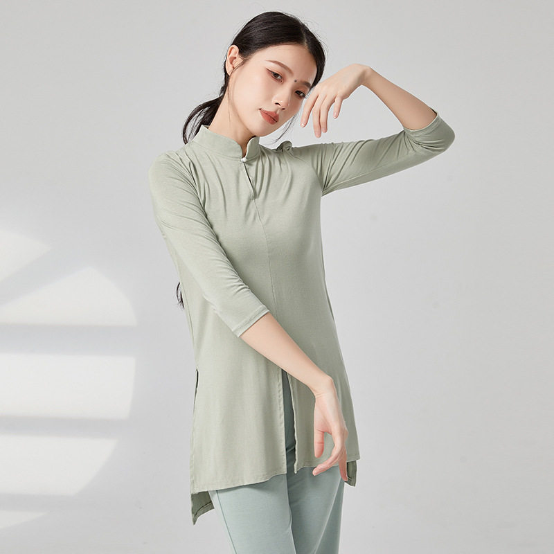 七分袖珍珠旗袍立领舞蹈练功服女气质中长款成年现代舞服装女
