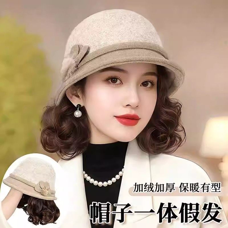 秋冬保暖毛呢仿真短卷发假发帽