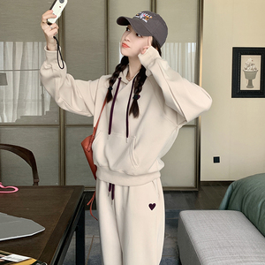 韩版减龄奶fufu连帽卫衣套装女2025春秋季新款宽松显瘦卫裤两件套图片
