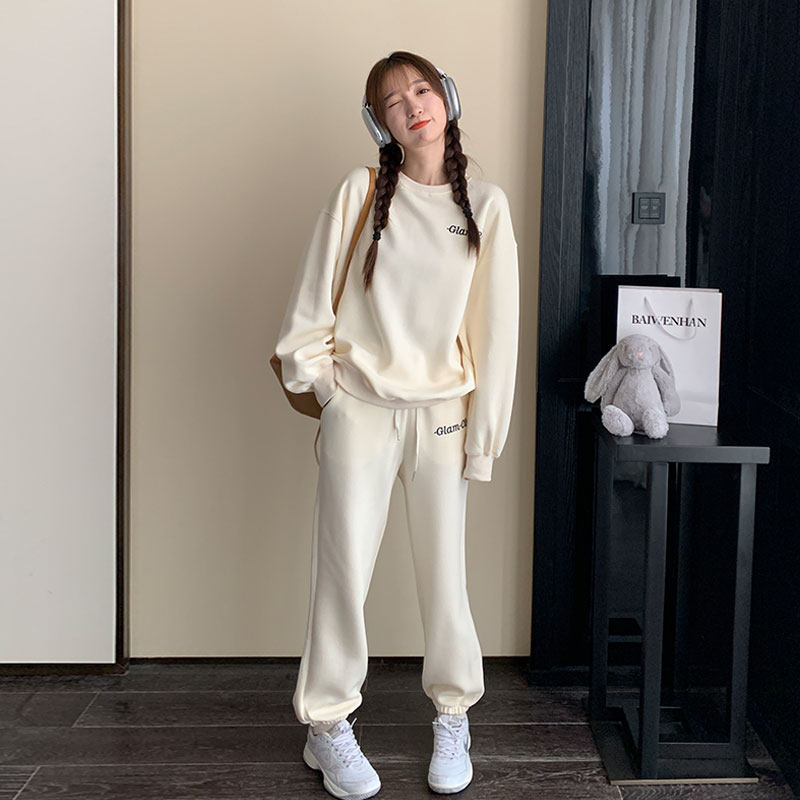 韩版时尚休闲圆领卫衣套装女2025春秋季新款宽松显瘦阔腿裤两件套图片