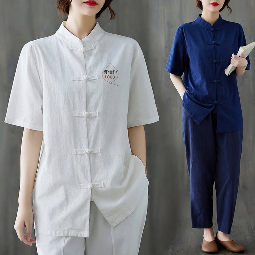 春夏中式棉麻复古盘扣居士服禅意宽松佛系立领唐装茶人服太极服