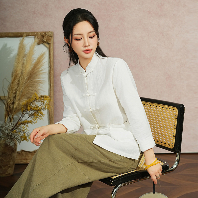 2026春秋新款中式棉麻内搭复古国风女式上衣唐装衬衫盘扣对襟女装