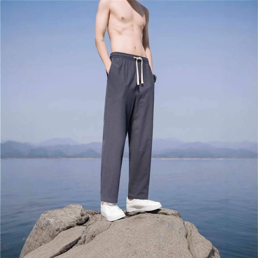 夏季新款亚麻裤男士韩版直筒纯色宽松阔腿棉麻休闲裤长裤现货
