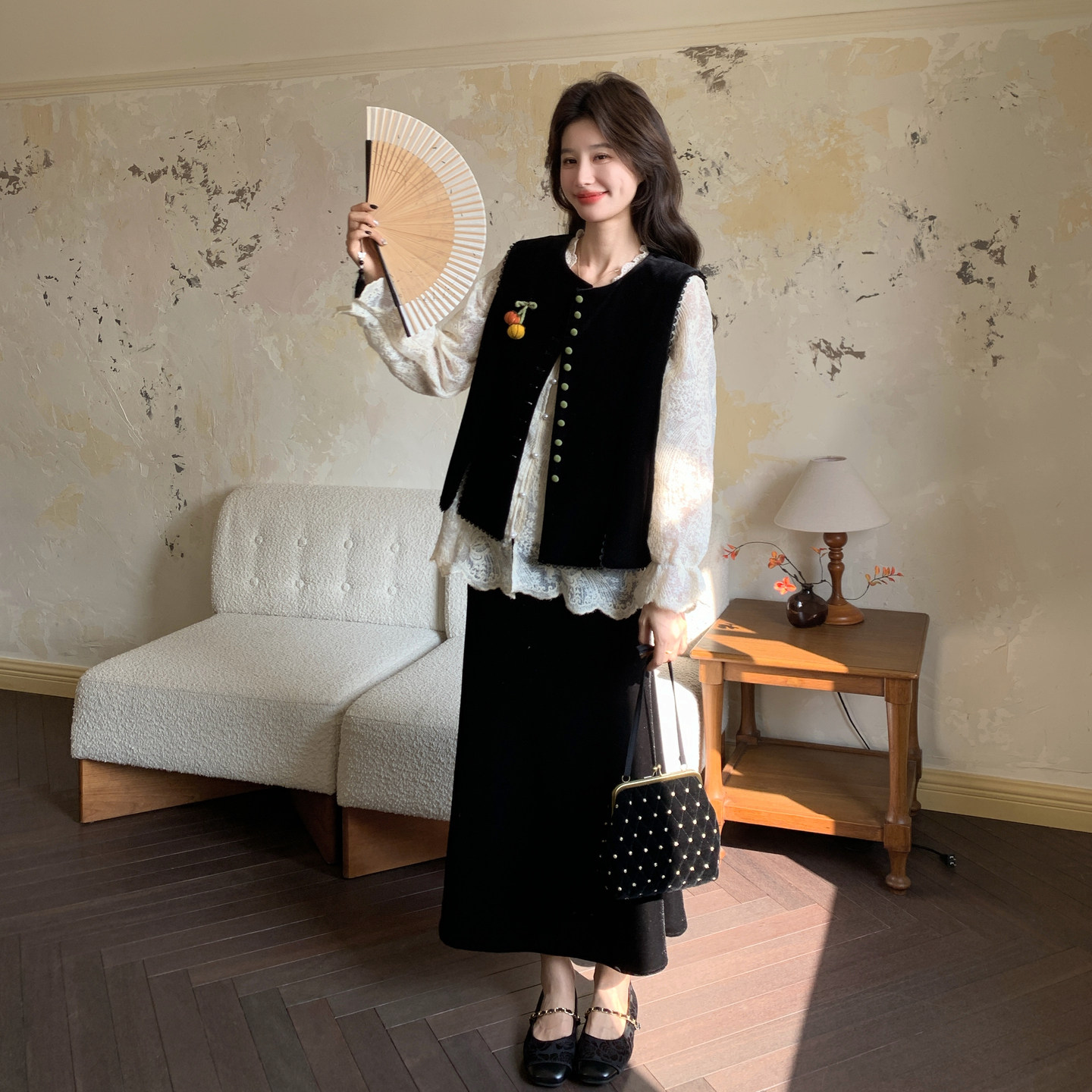 【现货26春新款】丝绒马甲打底衫半身裙三件套9828-P225控368,女装套装/套裙,2B233