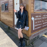 黑色高級感復(fù)古PU皮衣外套女2025春秋季新款韓版寬松休閑西服上衣，女裝皮衣，2B233