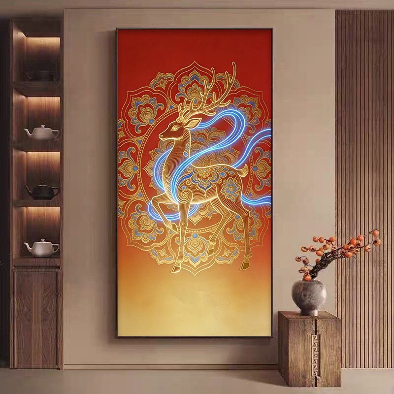 发财鹿客厅玄关走廊装饰画新中式餐厅酒店鞋柜招财轻奢横款背景画,家居饰品,现代装饰画,淘宝优惠券,粉丝福利购,淘宝优惠卷