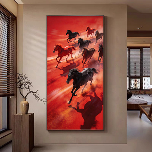 八马骏图挂画入户玄关画竖版马到成功客厅装饰画奔马图八骏图