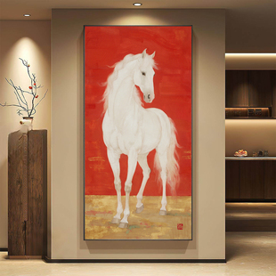 新中式客厅装饰画餐厅玄关背景墙红色抽象骏马挂画高档肌理感挂画