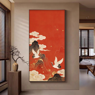 中古风客厅新中式仙鹤玄关复古风丹顶鹤中国风挂画走廊书房装饰画