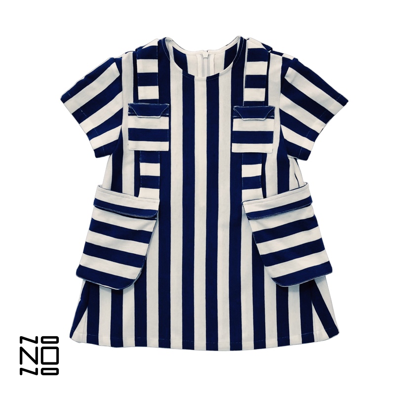 NONONO包包裙plus双挎包设计宽松版型蓝白色条纹全棉面料 童装/婴儿装/亲子装 连衣裙 原图主图