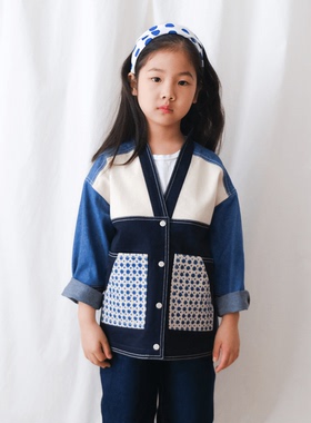 Working Blues 儿童款蓝色系和粉色系三色拼接日式牛仔落肩野良着