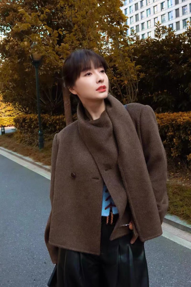 2023秋冬新款self吴昕同款气质围巾领双面呢外套长袖宽松百搭上衣