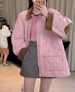 2023秋冬新款IM同款菱形格pu蛋白棉服女宽松百搭长袖中长款外套女