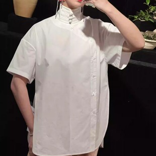 宋佳同款26春秋新中式盘扣立领白色短袖上衣宽松显瘦高级感女衬衫