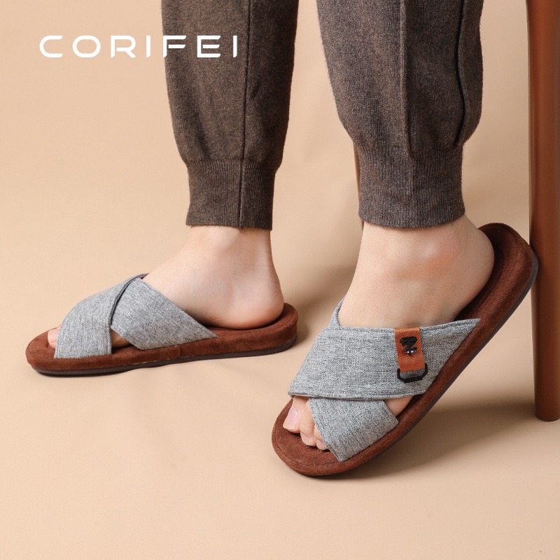 家丽芙交叉带春秋男士厚底棉拖鞋室内软底居家防滑四季露趾轻奢拖