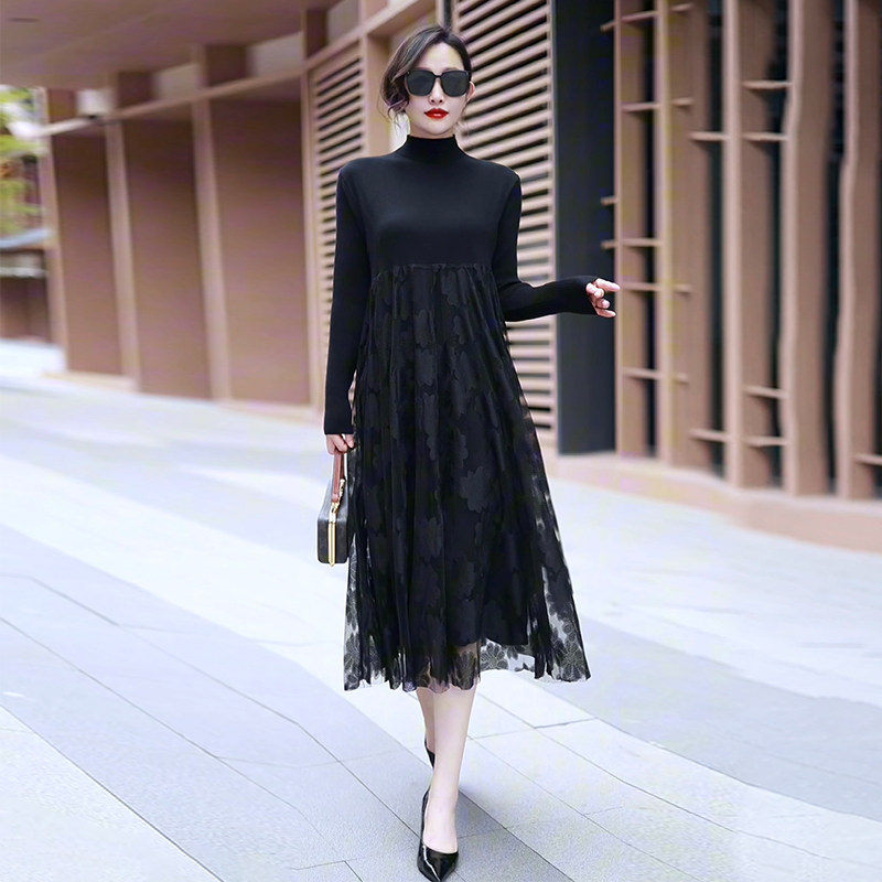 2025春季新款针织羊毛连衣裙女气质显瘦蕾丝拼接高领打底毛衣长裙