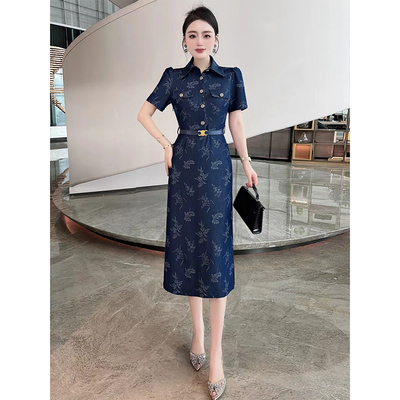 天丝冰丝提花牛仔连衣裙女2026夏季新款收腰显瘦气质Polo衬衫长裙