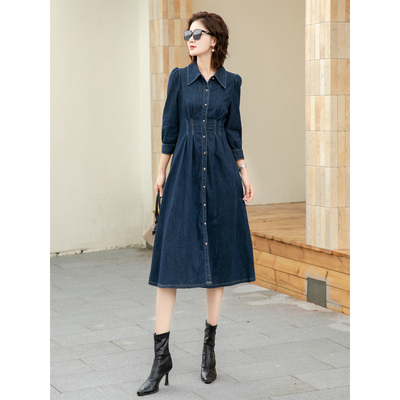 2025秋季泡泡袖牛仔连衣裙妈妈装