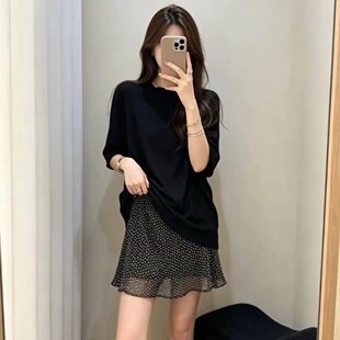 2026夏季宽松百搭纯色短袖T恤搭配时尚波点半身短裙显瘦两件套女
