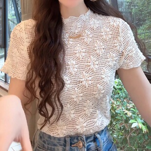 韩版时尚镂空钩花短袖T恤女修身显瘦百搭蕾丝衫洋气小衫别致上衣