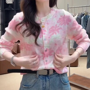 2026春季新款毛衣针织开衫女士高级感漂亮撞色花朵圆领上衣10072