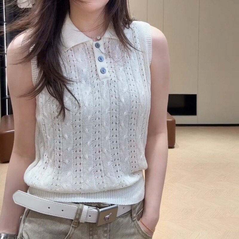 2026夏季新款舒适无袖Polo领气质针织镂空百搭洋气上衣女10927