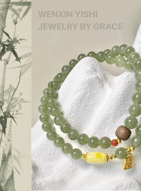 天然晴水和田玉沉香蜜蜡双圈手串女款新中式文艺串珠手链招财礼物