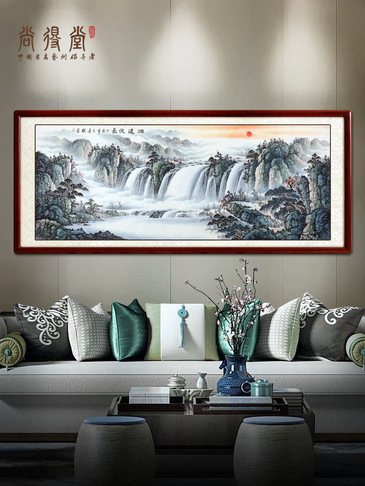 流水、赚钱、国画、山水办公室挂画、聚宝盆、中式客厅水墨画、手
