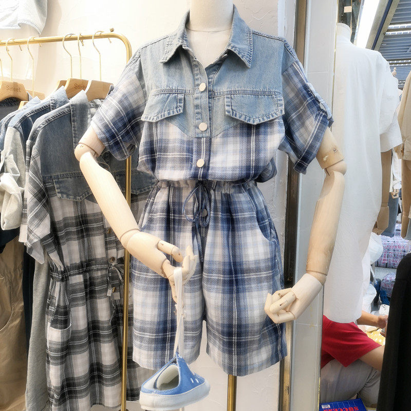 2019夏装新款韩版中长款森女系收腰显瘦拼接阔腿格子牛仔连体短裤在类目 女装/女士精品, 牛仔裤中 - 来自Buy2taobao.com提供专业的淘宝代购服务