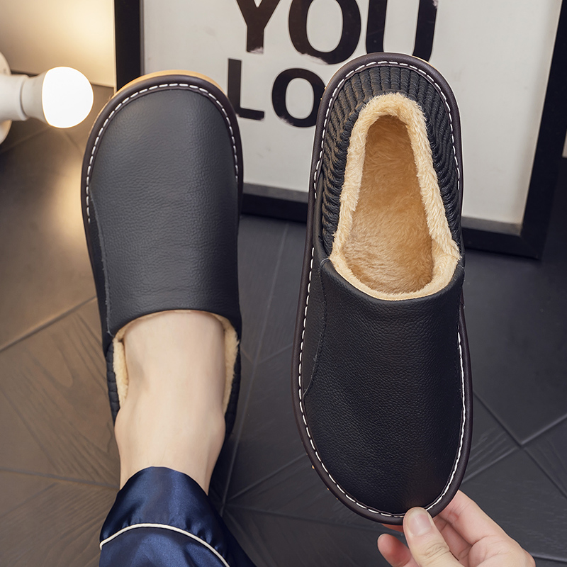 牛皮棉拖鞋冬季防水真皮面包根