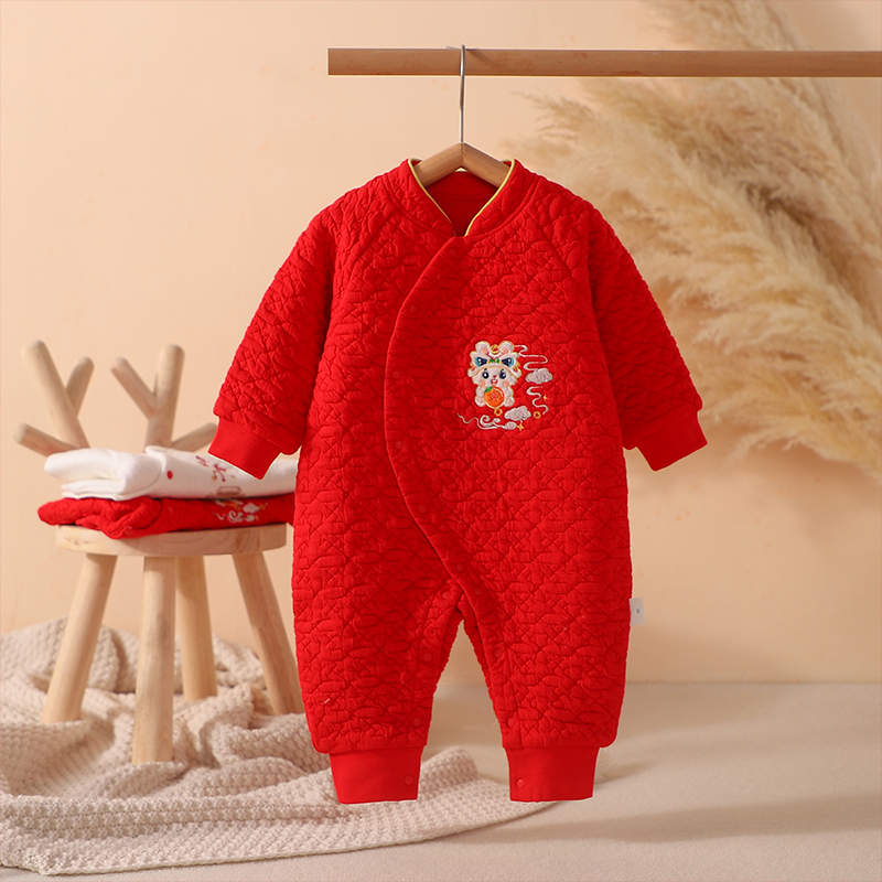 梦幻娃红色狮子祥云拜年服连体衣