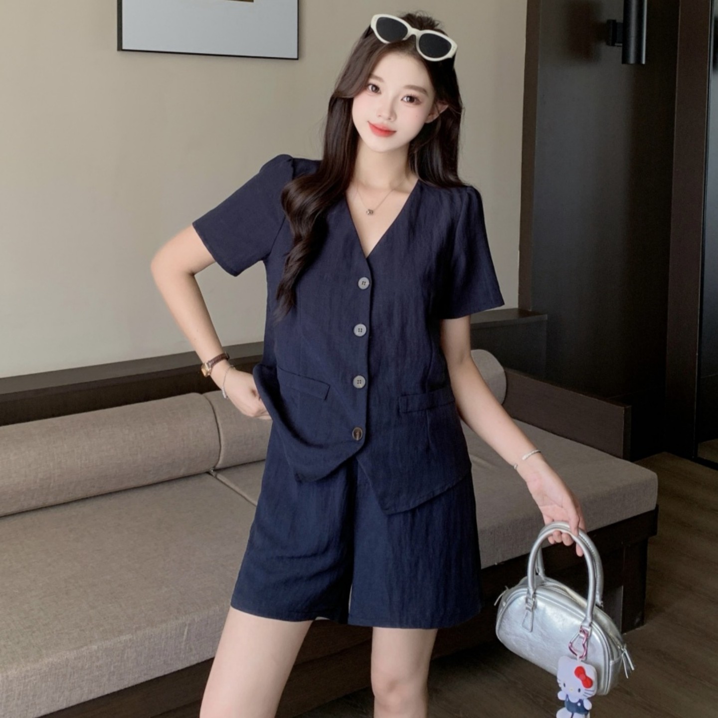 夏天搭配一整套女大码微胖mm高级感时尚港风短袖衬衫阔腿裤两件套