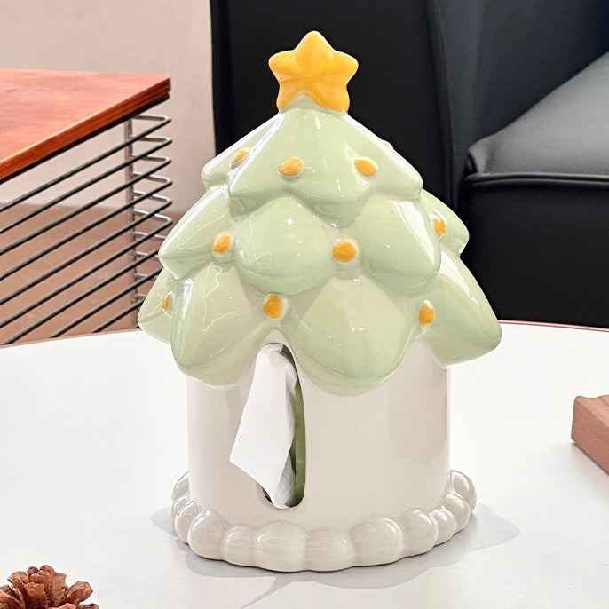 树屋圣诞树陶瓷纸巾盒客厅高档轻奢抽纸盒高级感家用餐巾纸盒摆件