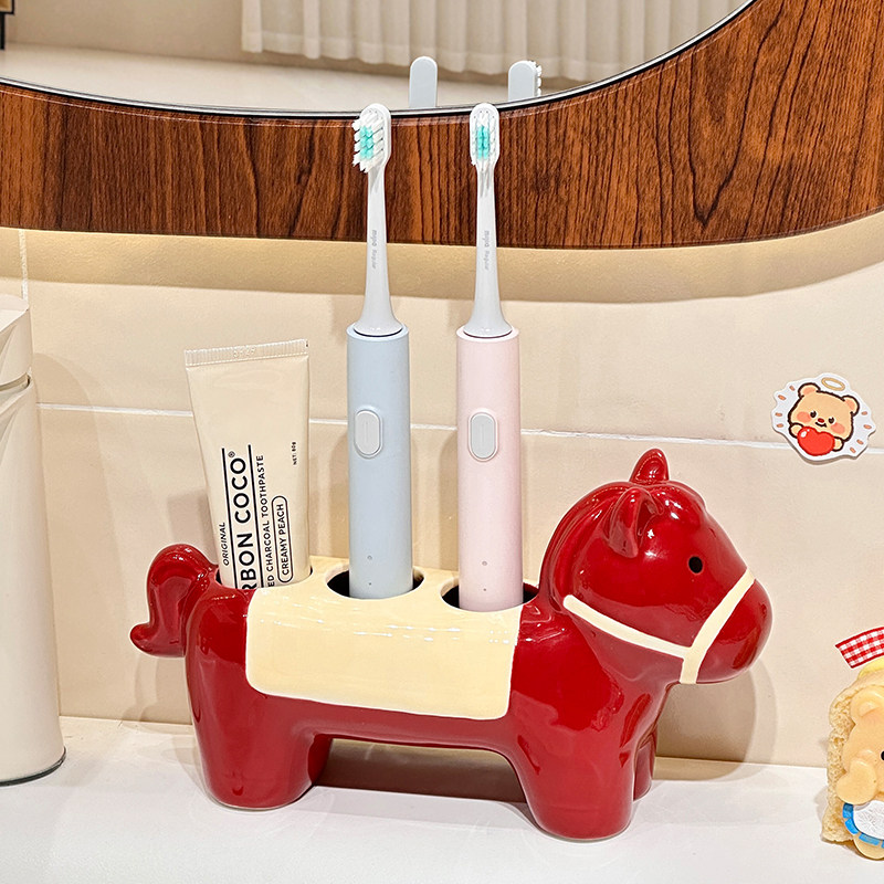 2026新款红色好运马电动牙刷架创意陶瓷洗漱台情侣牙刷牙膏置物架